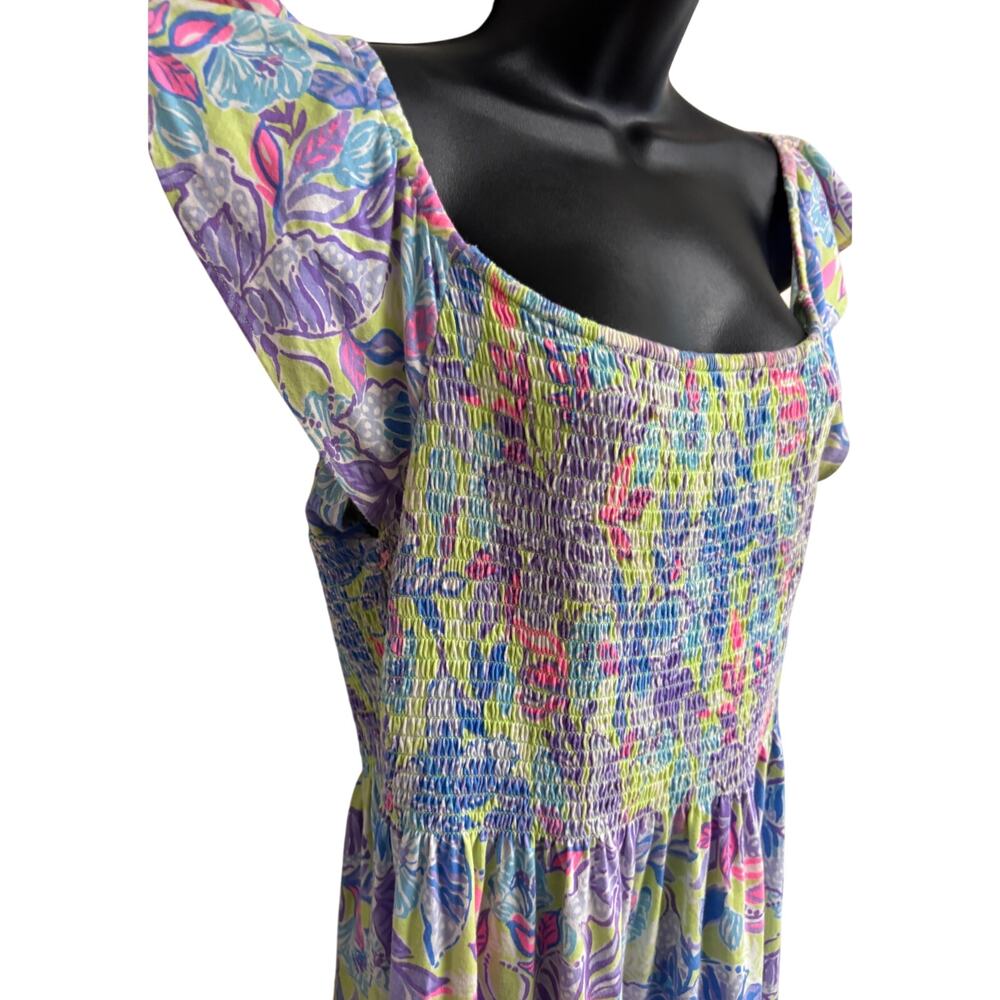 Lilly Pulitzer Womens Size XL Floral Smocked Dress Flutter Sleeve Cotton EUC - Picture 2 of 10
